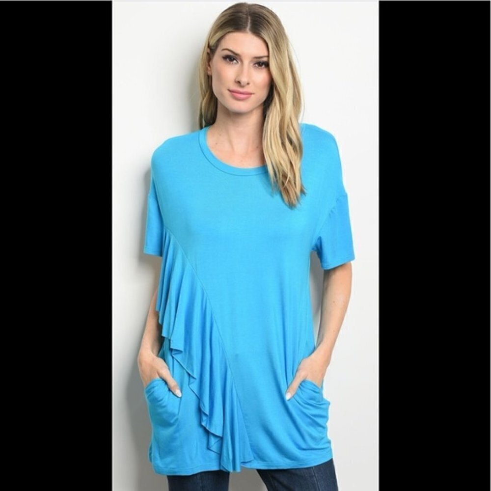 3/$15 Cerulean Blue Ruffled Blouse with Pockets - Picture 3 of 6